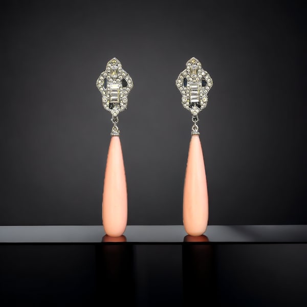 Superbe Boucles d'oreilles Dormeuse CLIP on NON Percée Argenté Dentelle Great Gatsby Goutte Long Corail Rose Pale 1920s Vintage Ancien Style