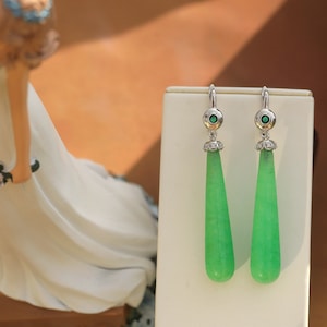 Leverback Earrings Set with Emerald Green CZ Long Drop Fine Green Jade Belle Epoque Style Art Deco 1920s Rhodium Plated Wedding