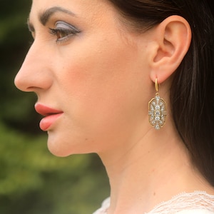 Geometric Octagon Hook Earrings Vermeil Sterling Silver 925 Rodium Plated CZ Setting Belle Epoque Art Deco Style 1920s