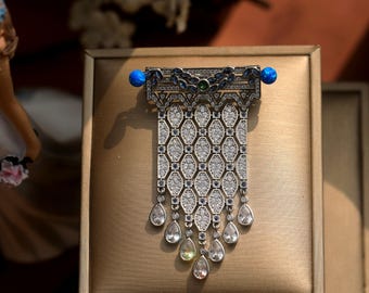 Stunning Delicate Belle Epoque Art Deco Tassel Fringe Silver Wheat Brooch Set CZ White Green Emerald Blue Sapphire 1920s Vintage Style Rhodium Plated