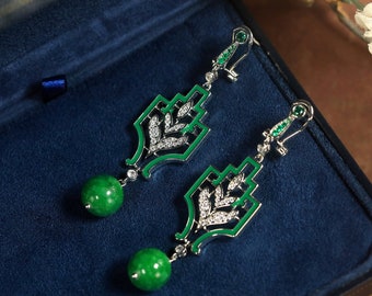 Pendientes Art Déco Dormeuse CLIP ON Geométrico Laurel Esmalte Verde Perla Jade Verde Gran Gatsby Años 20 Estilo Vintage Rodio Plateado