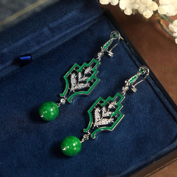 Boucles d'oreilles Art Déco Clous Dormeuse CLIP ON Géométrique Laurier Email Vert Perle Jade Vert Great Gatsby 1920s Vintage Style Rhodié