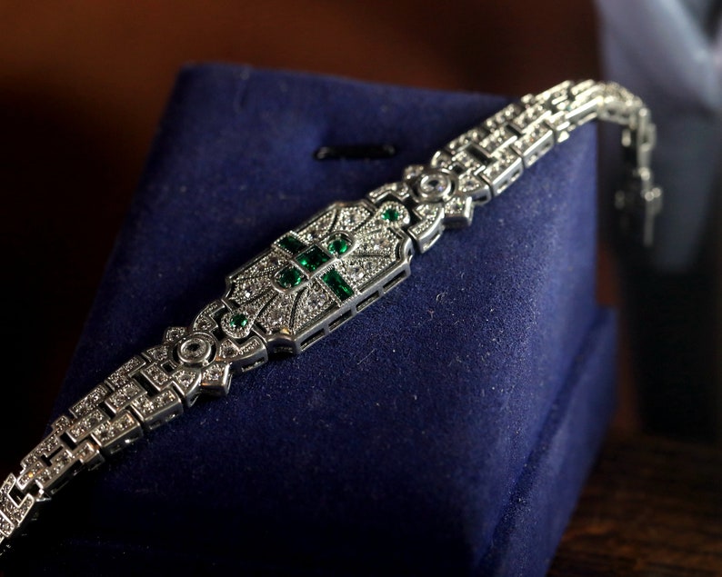 Schitterende Art Deco armband antiek zilver koper geometrische rechthoek bezet met smaragdgroene CZ vintage stijl jaren 1920 Great Gatsby gerhodineerd afbeelding 8