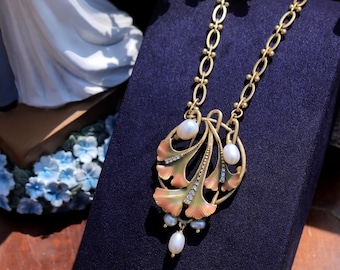 Wunderschöne Antik Gold Jugendstil verstellbare Halskette Ginkgo Blatt Zweig grün Emaille rosa weiße Perle Hochzeit Vintage Stil vergoldet