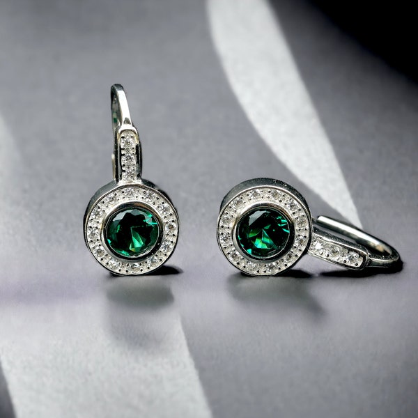 Superbe Boucles d'oreilles Art Déco Dormeuses Sterling Argent 925 Rond Serti de CZ Vert Emeraude Brillant Vintage Style 1920s Mariage Léger