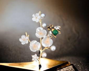 Superb Art Nouveau Brooch & Pendant A Branch of Small White Mother-of-Pearl Flower a Bee Green Jade Pearl Vintage Style Gold Plated