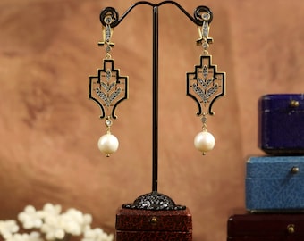 Pendientes Art Déco Dormeuse CLIP ON Largo Geométrico Encaje Laurel Esmalte Negro Perla Real Gran Gatsby 1920 Chapado en Oro