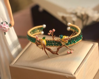 Adjustable Open Bangle Bracelet with Bird Design, Small/Large Wrist Multi-Strand Mini Bead, Genuine Green Faceted Spinel, Stringed, 14K Gold Plated