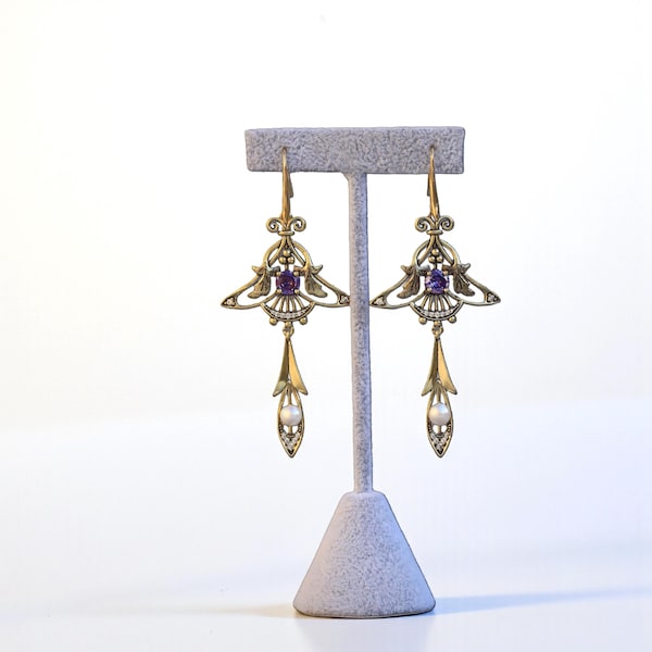 Stunning Large Long Gold Art Nouveau Leaf Chandelier Hook Earrings Set with Purple Green Blue CZ Vintage Style. 1900s Style