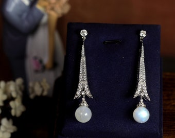 Art Deco Long Silver Gold CZ Fan Clip On Earrings Eiffel Tower Pearl Moonstone Natural 1920s Great Gatsby
