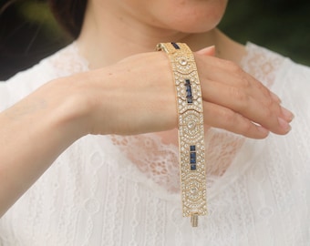 Bracelet Belle Epoque Art Déco Géométrique CZ Délicate Bleu Saphir Mariage Vintage Style 1920s Great Gatsby Laiton Plaqué Or 18K