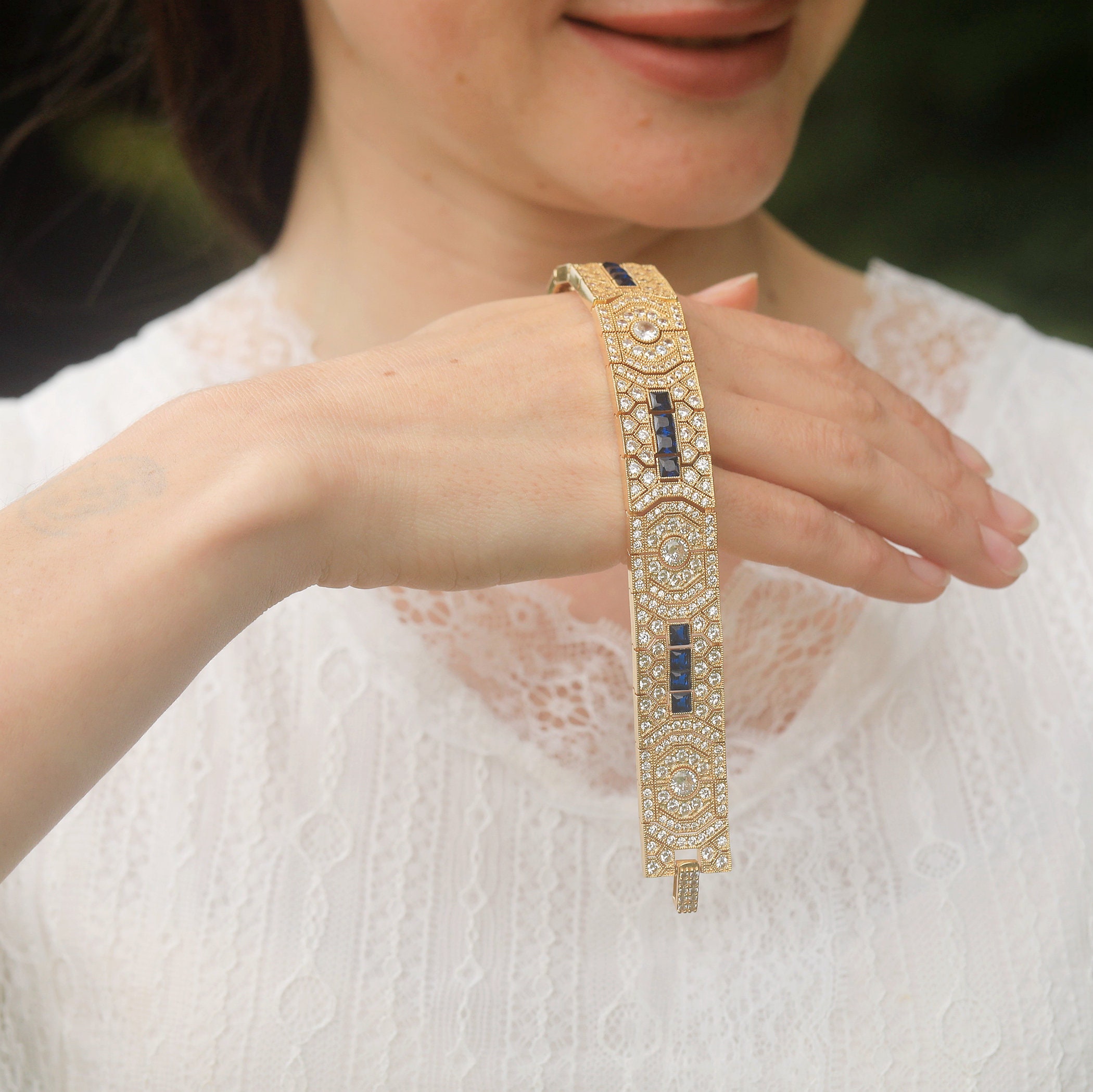 Belle Epoque Art Deco Geometric CZ Delicate Blue Sapphire Wedding
