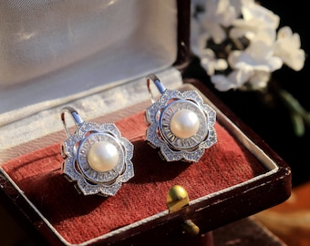 Gorgeous Silver Plated Art Deco Floral Large Sleeper Earrings Set with White CZ Real Pearl Baguette Vintage Style Wedding Party Gift
