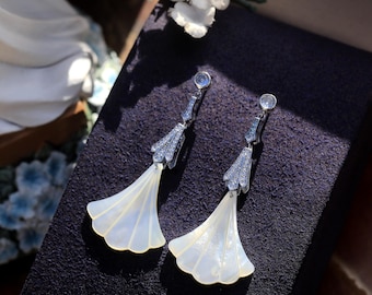 Stunning clip-on stud earrings, non-pierced, silver-plated, gold-plated, Art Deco style, set with CZs and carved mother-of-pearl, fan-shaped skirt design, vintage style