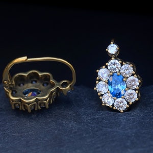 Orecchini Belle Epoque Dormeuses Vermeil Argento Sterling 925 Set floreale ovale CZ Zaffiro blu Stile vintage 1900 Matrimonio leggero immagine 9