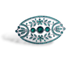 Superb Belle Epoque Antique Silver Oval Laurel Brooch & Necklace Set with Emerald Green CZ 1900s Vintage Style Rhodium Plated
