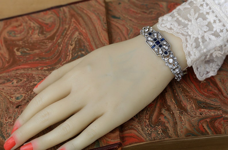 Parure Bracelet Boucles d'Oreilles Dormeuse Argenté Antique Art Déco 1920s Géométrique Strass Bleu Marine Mariage Vintage Style Great Gatsby image 9