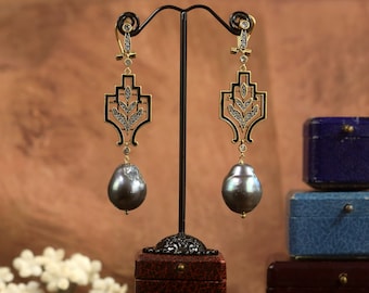 Art Deco Stud Earrings Sleeper CLIP ON Long Lace Laurel Enamel Real Big Baroque Pearl Black Great Gatsby 1920s Gold Plated