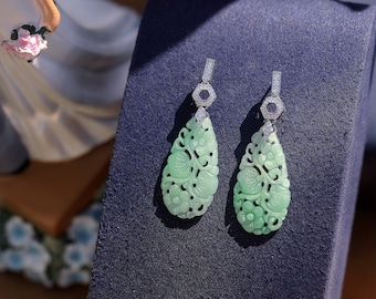 Stunning Hexagon Stud Earrings Set with Silver CZ Drops, Green and White Jade, Carved Floral Design, Belle Époque Style