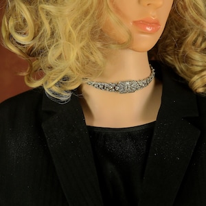 Seltene Art-déco-Choker-Halskette aus Silber, breit, im Stil des Großen Gatsby, 1920er Jahre, Strass-Baguette, weiß, rechteckig, floral, Vintage-Hochzeitsstil