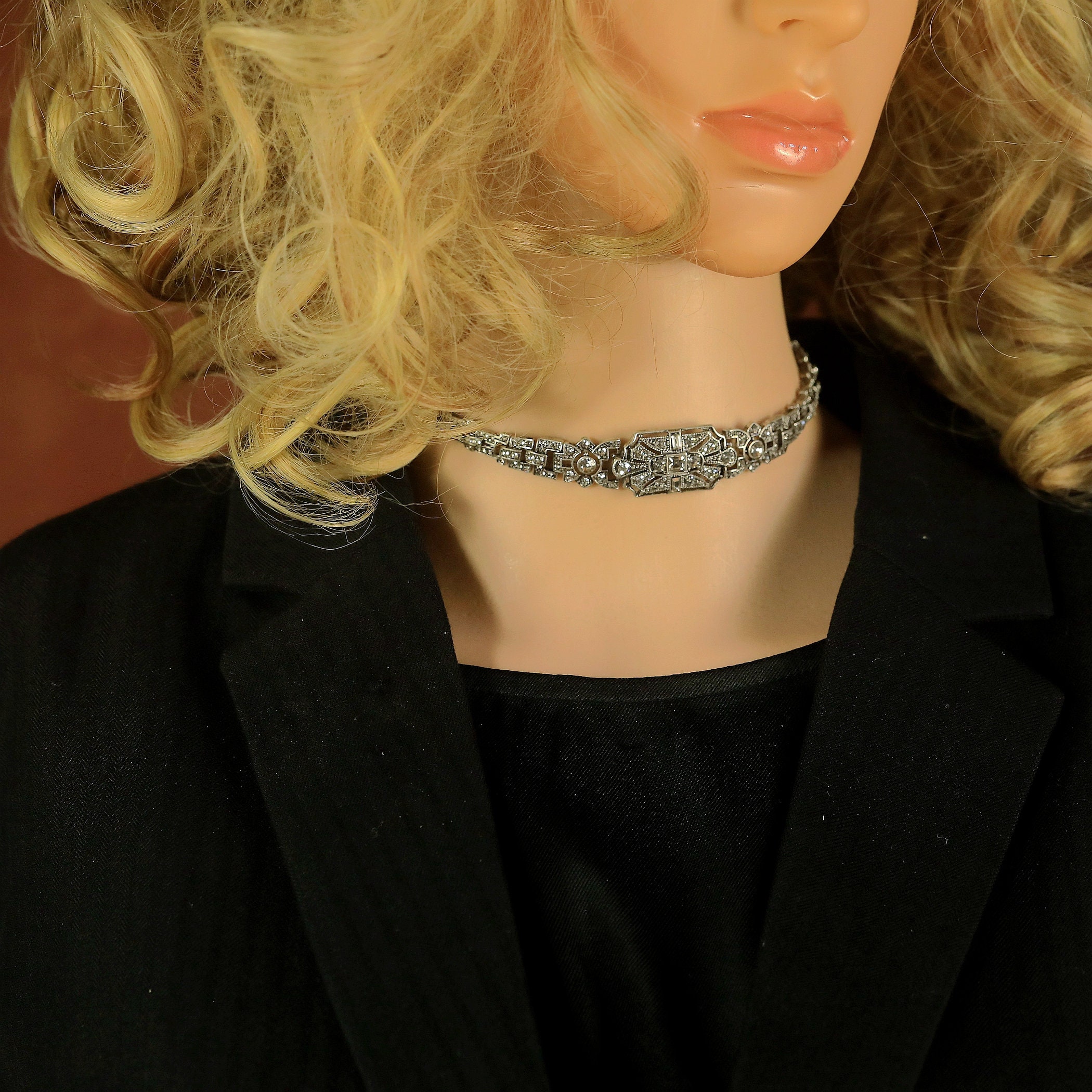 Rare Silver Art Deco Choker Necklace Large Great Gatsby 1920s White Baguette Rhinestone Floral Rectangle Vintage Style Wedding