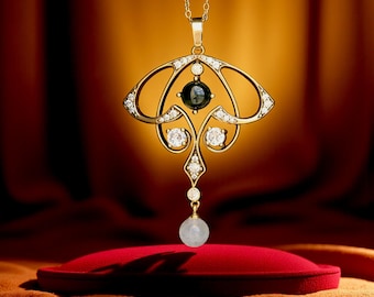 Superb Short Necklace Antique Gold Matte Art Nouveau Genuine Moss Agate Pearl Moonstone Vintage Style Gold Plated