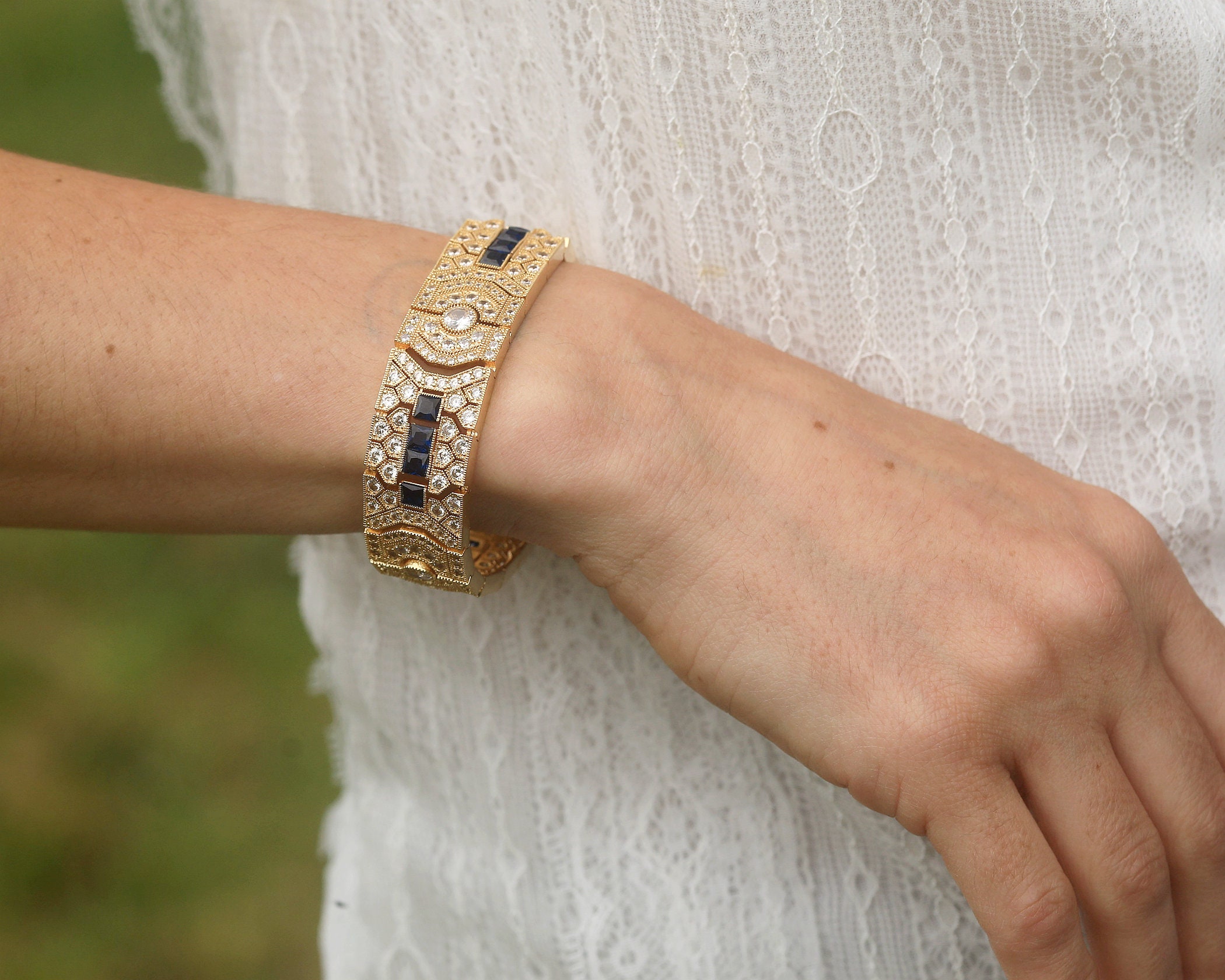 BELLE ÉPOQUE Sapphire Bracelet 18K WG Belle Epoque Bracelet Art Deco Geometric CZ Delicate Blue