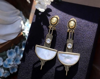 Antique Gold Matte Clip-on Earrings, Non-Pierced, Art Deco Half Circle Set with CZ Moon and White Mother-of-Pearl, Vintage 1920s Style