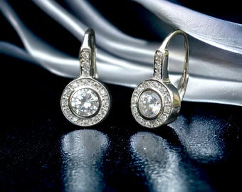 Fantastiska Belle Époque-örhängen i sterlingsilver (925) med små runda vita kubiska zirkoniastenar, vintagestil, 1920-tal, lätta