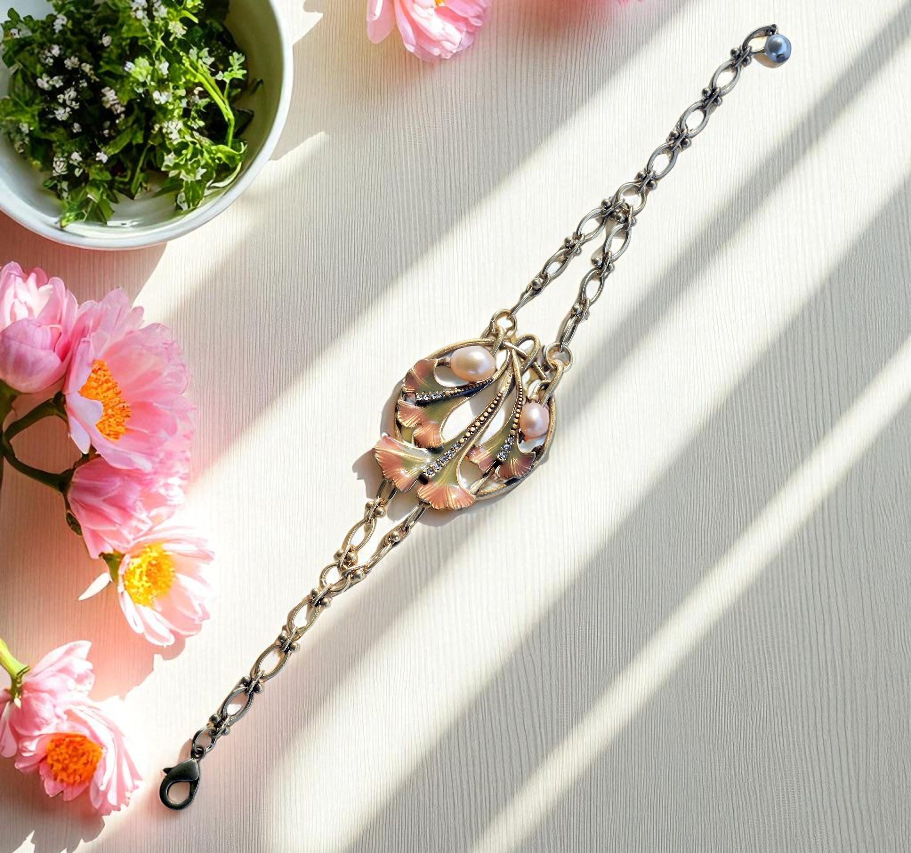 Bracciale Art Nouveau Regolabile Con Ciondolo Foglia Ginkgo E Perla Rosa, Vintage Style