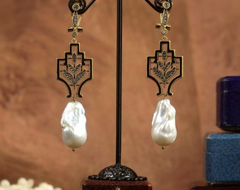Art Deco Stud Earrings Sleeper CLIP ON Long Lace Laurel Enamel Real Big Baroque Pearl White Great Gatsby 1920s Gold Plated