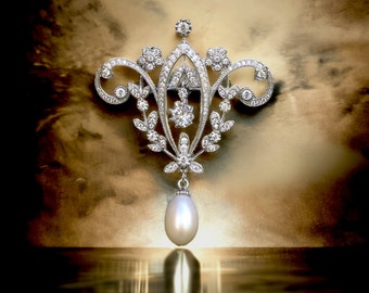 Broche En Argent Rectangle Style Belle Époque Avec Motif Dentelle Florale Et Laurier