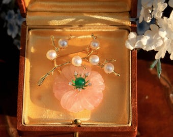 Stunning Gold Brooch: An Art Nouveau Tree Branch, Genuine White Pearl, Rose Quartz Flower, Green Agate Bead, Vintage Style