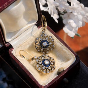 Sleeper Earrings Vermeil Sterling Silver 925 Floral CZ Setting Blue Sapphire Lace Vintage Style Wedding Antique Gold Plated Lightweight