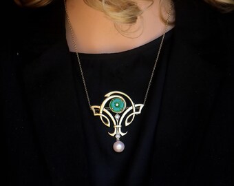 Stunning Antique Gold Matte Art Nouveau Necklace & Brooch Set with White CZ Real White Pearl Donut Green Jade Wedding Vintage Style Gold Plated