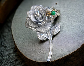 Superbe Broche Belle Epoque Argenté Une grosse Fleur CZ Baguette Blanc Art Nouveau Une Abeille Perle Jade Vert Vintage Style Plaqué Rhodium