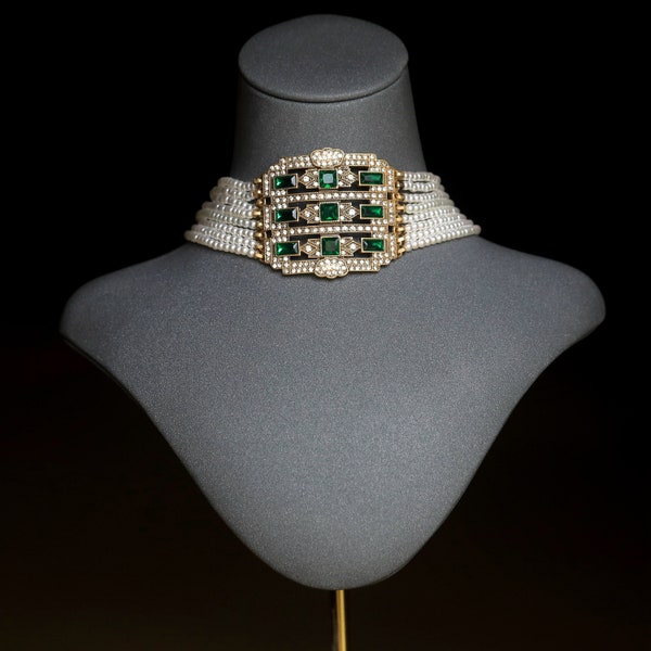Antique Gold Art Deco Choker Necklace Large Great Gatsby 1920s Emerald Green Baguette Faux White Pearl Vintage Style Wedding