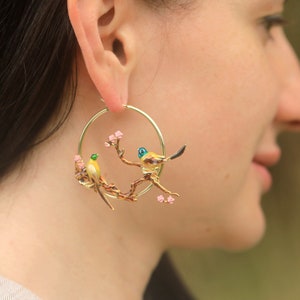 Superb Large Gold Creole Earrings 4cm Art Nouveau Two Birds on a Branch Plum Blossom Enamel Pink Green Vintage Style