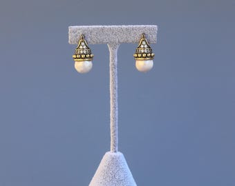 Stunning Art Deco Boat Leverback Earrings Antiqued Matte Gold Genuine Pearl Set with Tribal CZ Vintage Byzantine Style Inspired