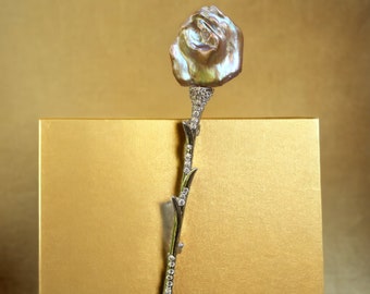 Superb Belle Époque Art Nouveau Brooch A Fine Flower Branch Set with White CZ Pink Baroque Pearl Vintage Style Wedding Rhodium Plated