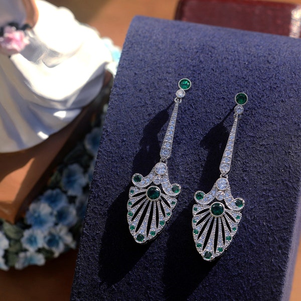 Art Deco Earrings Studs Clip on Fan CZ Emerald Green Drop Vintage Style 1920s Wedding Great Gatsby Light Rhodium Plated
