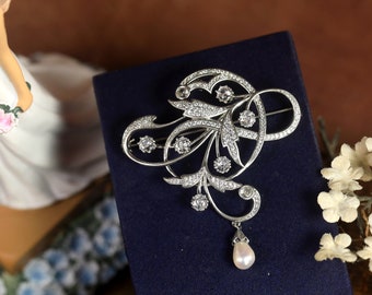 Superb Large Belle Epoque Brooch & Pendant Silver Gold Antique Laurel Set CZ White Natural Pearl White 1900s Vintage Style Rhodium Plated