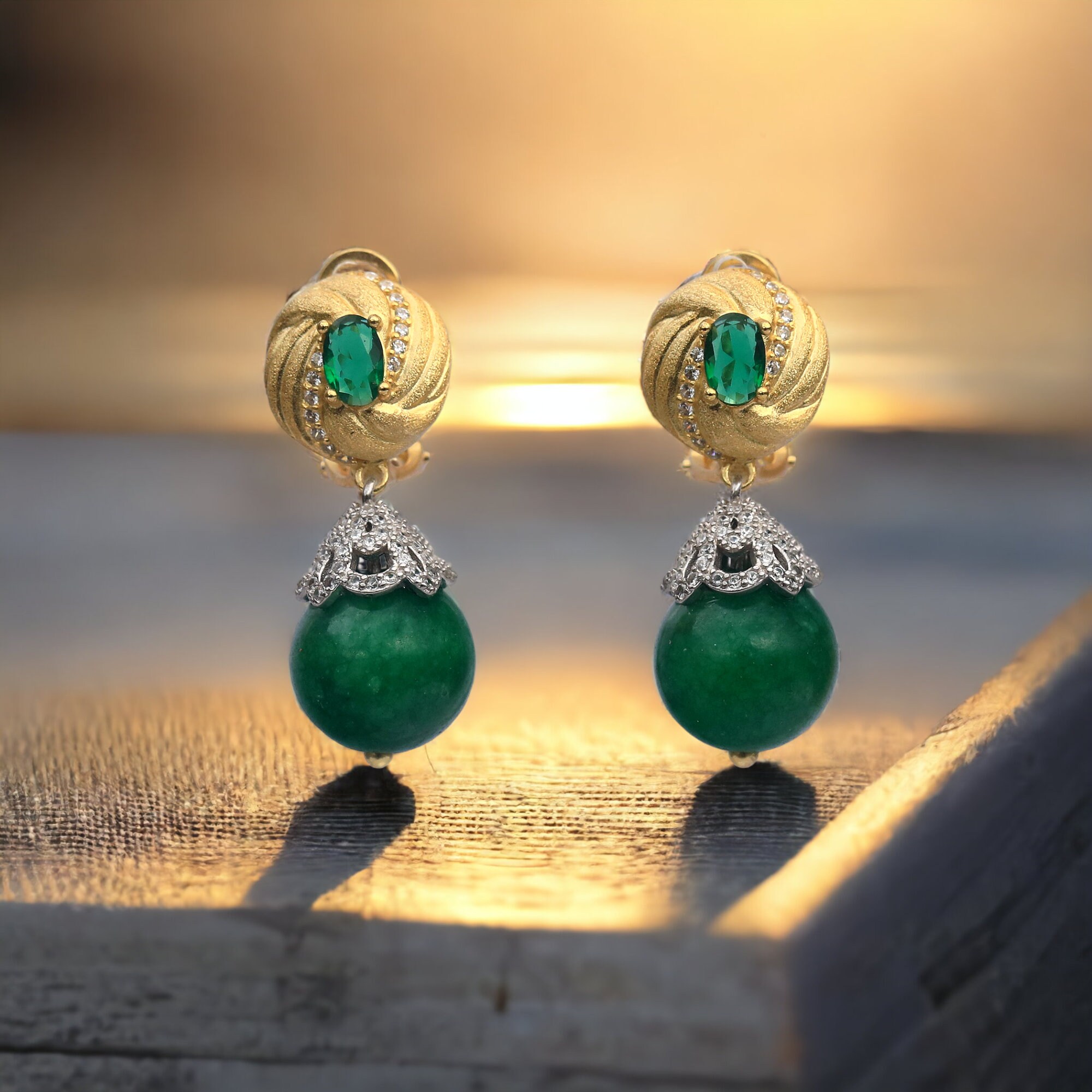 Boucles D'oreilles Dormeuses Vintage - Argent 925 Et Pierre Verte - Longueur 3.8cm - Occasion