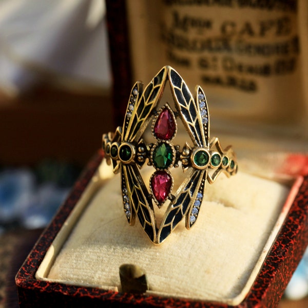 Superb Art Nouveau Antique Golden Adjustable Dragonfly Insect Ring Set CZ Green Emerald Red Ruby Enamel Blue Gold Plated Vintage Style 1900
