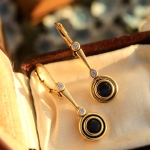925 Sterling Silver Vermeil Small Round 1920s Dark Blue CZ Vintage Style Sleeper Earrings Antiqued Gold Plated Lightweight