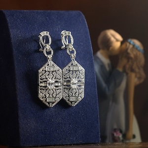 Belle Epoque Sleeper Earrings Clip on Non Pierced Gold Art Deco Geometric CZ Set Vintage Style 1920s Wedding Great Gatsby