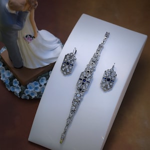 Antique Silver Sleeper Earrings Bracelet Set Art Deco 1920s Geometric Rhinestone Navy Blue Vintage Wedding Great Gatsby Style image 1