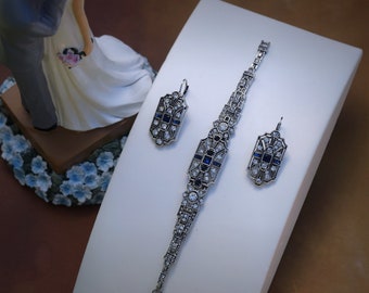 Pendientes durmientes de plata antigua pulsera conjunto Art Déco década de 1920 pedrería geométrica azul marino boda vintage gran estilo Gatsby