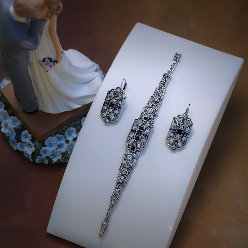 Antique Silver Sleeper Earrings Bracelet Set Art Deco 1920s Geometric Rhinestone Navy Blue Vintage Wedding Great Gatsby Style image 1