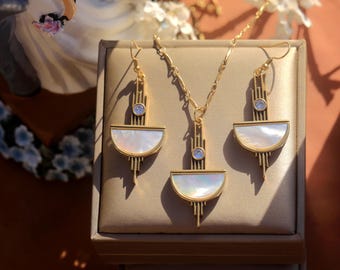 Stunning Art Deco 1920s Vintage Style Necklace, Pendant, and Earrings Set in Matte Gold and Silver Half Circles Set with White CZ and Mother-of-Pearl